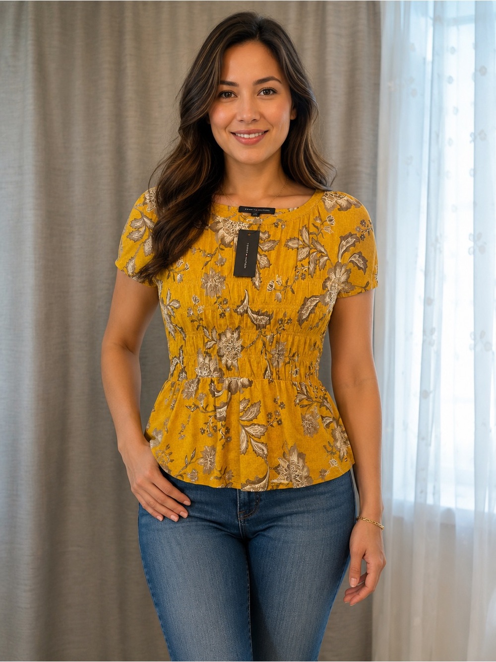 Tommy Hilfiger Mustard Yellow Floral Smocked Waist Top